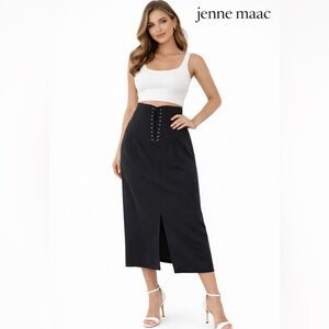 Jenne Maac Black Lace Up Corset Waist Midi Skirt Size L Wool Blend Front Slit